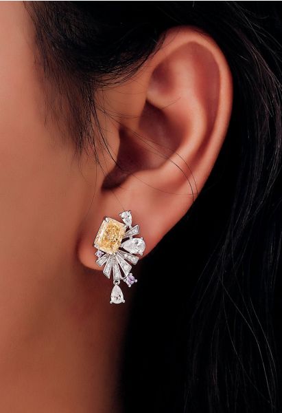 Yellow Crystal Fan Shape Cubic Zirconia Earrings