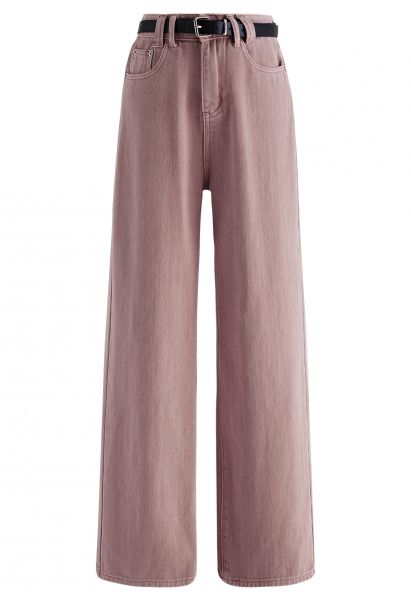 Distressed Straight-Leg Belted Jeans in Pink