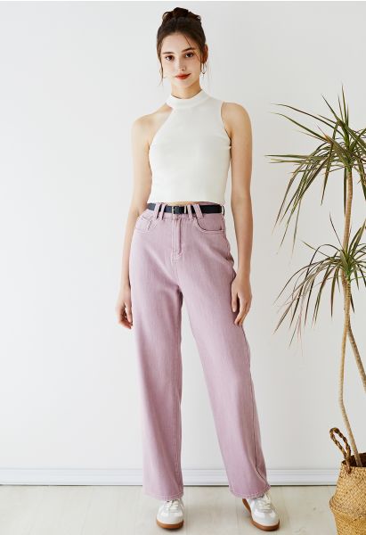 Distressed Straight-Leg Belted Jeans in Lilac