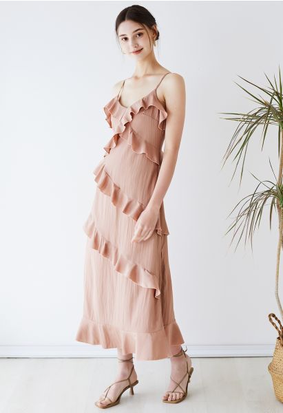 Side Slit Tiered Ruffle Cami Dress in Pink