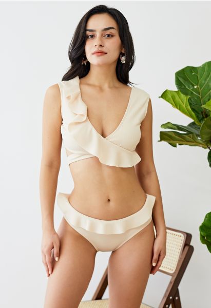 Creamy Ruffle Trim Tie-Back Bikini Set