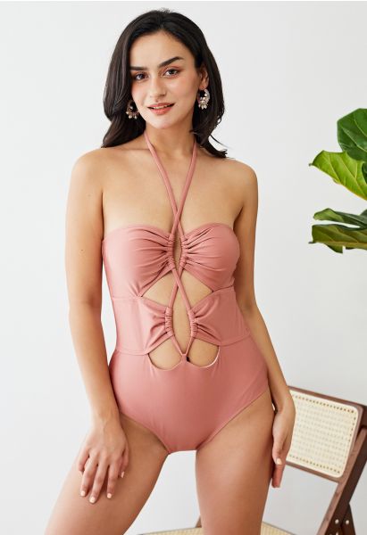 Cutout Crisscross Halter Neck Swimsuit in Pink