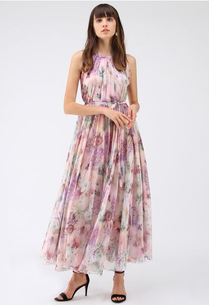 Sunflower Blossom Watercolor Chiffon Maxi Slip Dress