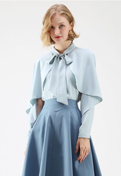 Crush on Casual Bowknot Cape Sleeves Top in Blue