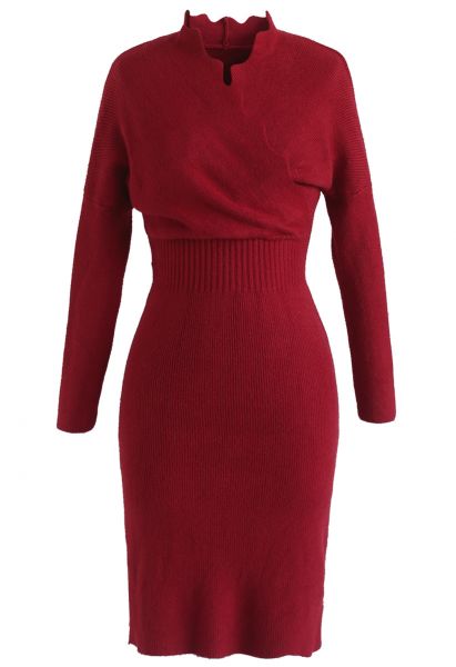 Cafe Time Wavy Wrap Knit Dress in Red