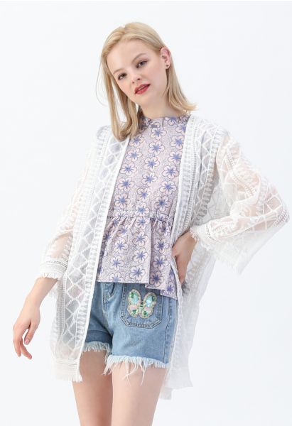 Tassels Hem Open Front Sheer Kimono 