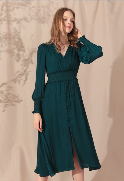 Satin Button Down Wrap Midi Dress in Dark Green