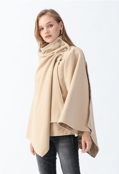 Asymmetric Hem Button Wrap Cape Coat in Light Tan