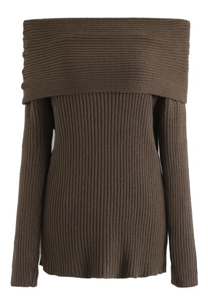 Off-Shoulder Ribbed Knit Sweater in Brown