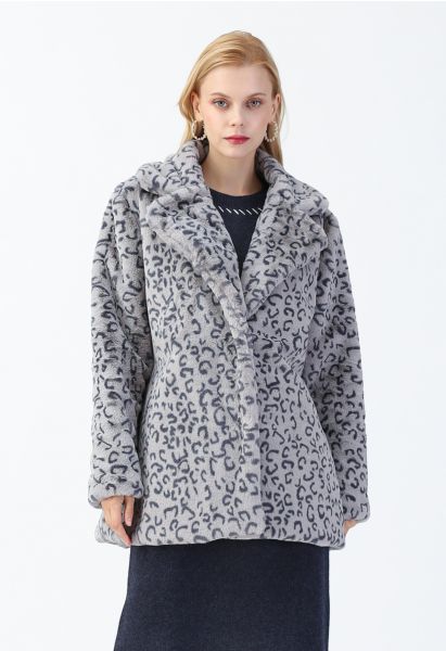 Collared Leopard Faux Fur Coat in Grey