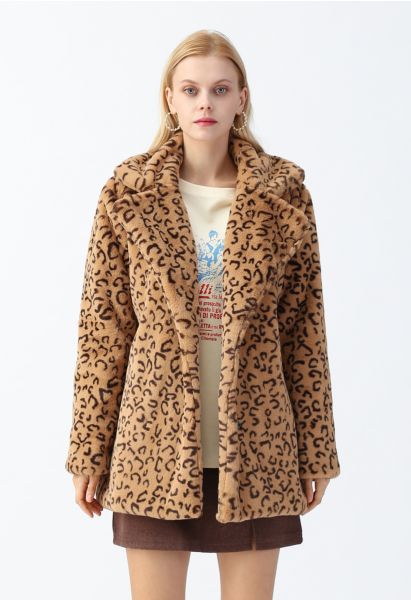 Collared Leopard Faux Fur Coat in Tan