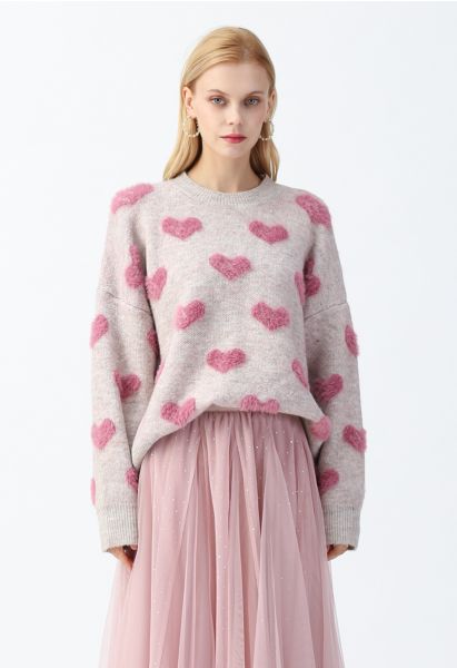 Contrast Color Fuzzy Hearts Knit Sweater