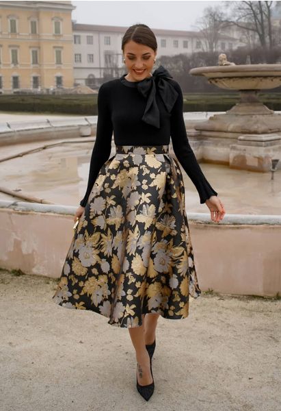 Golden Bouquets Jacquard A-Line Midi Skirt