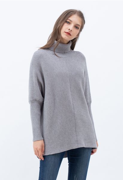 Effortless Chic Turtleneck Batwing Sleeve Hi-Lo Sweater in Grey