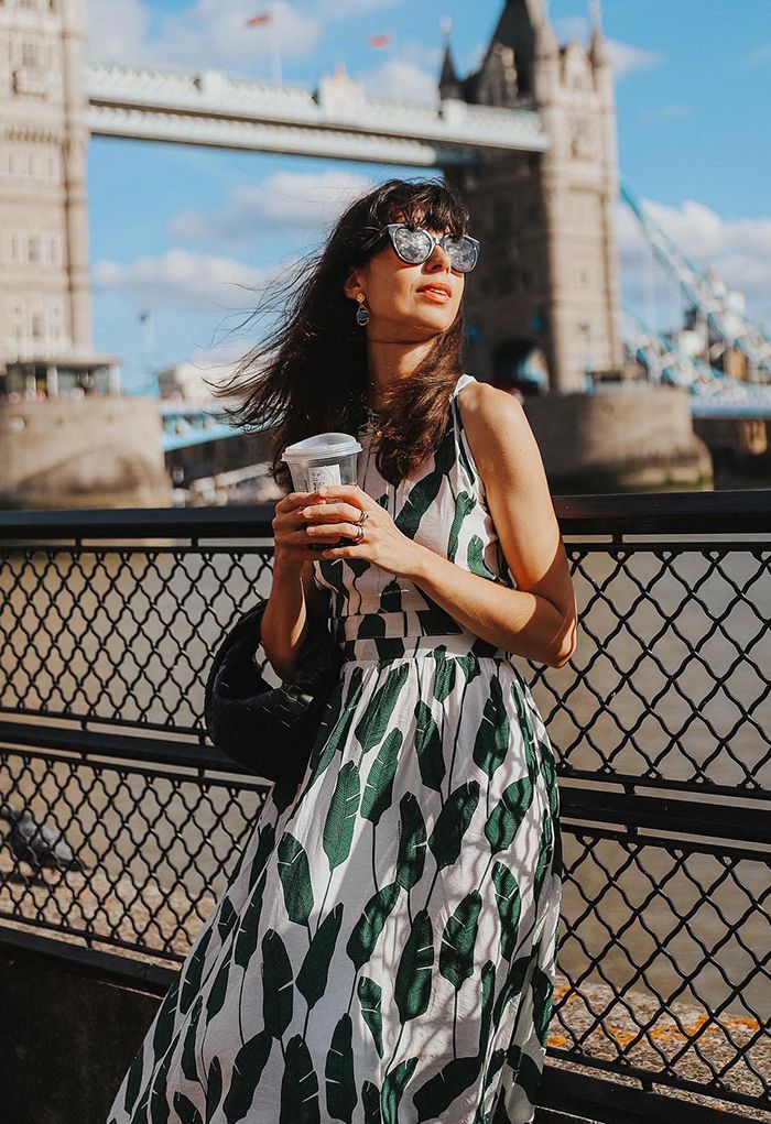 Summer Palm Leaf Print Halter Neck Maxi Dress in Green