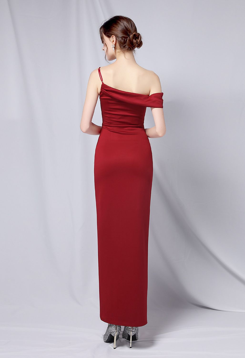 Single Strap Front Slit Gown in Burgundy