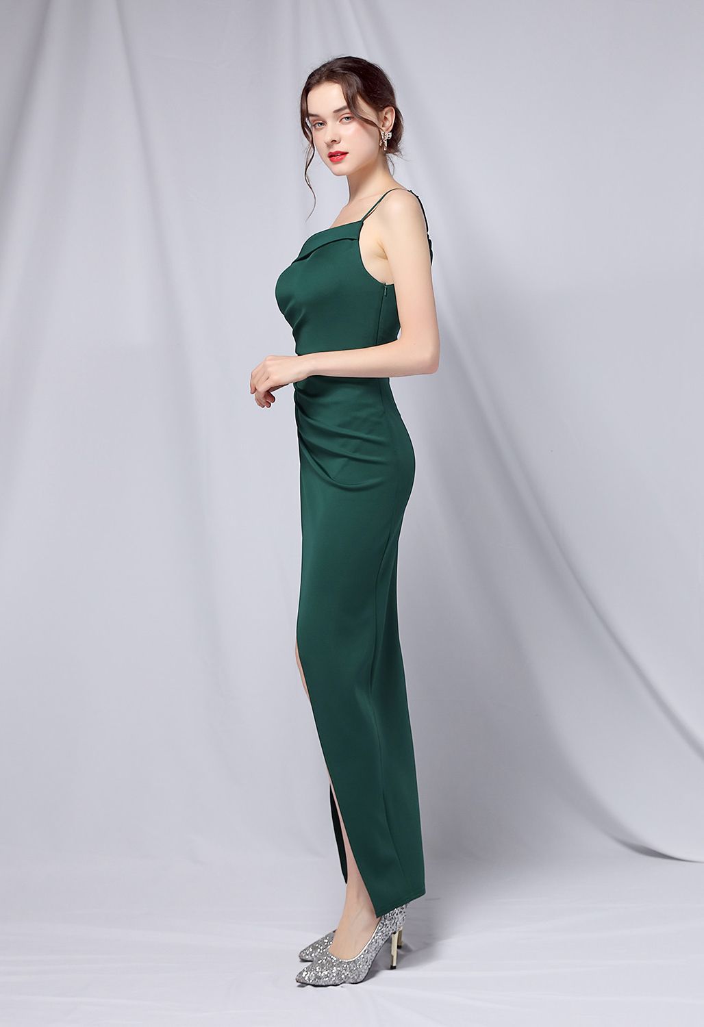 Single Strap Front Slit Gown in Emerald