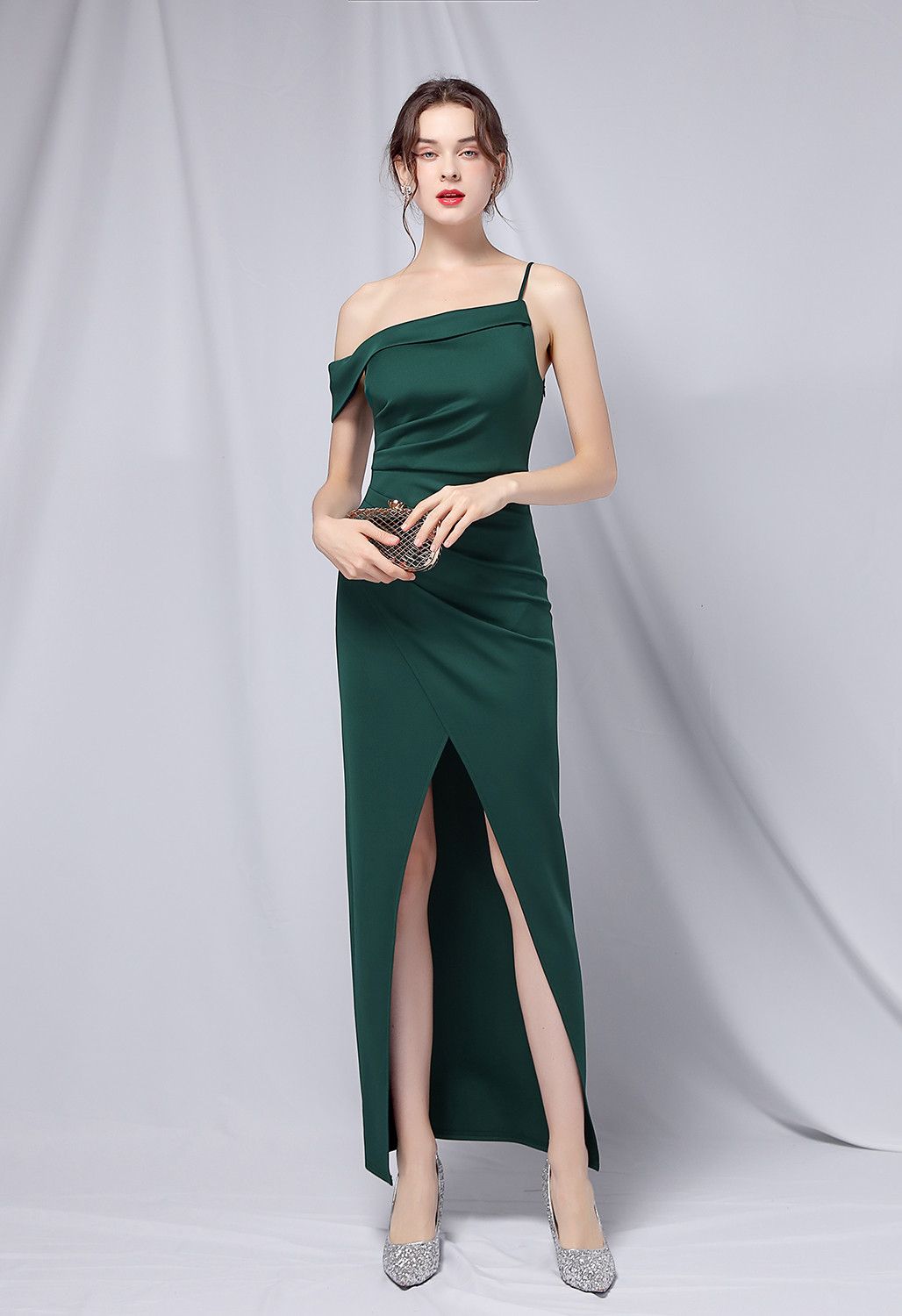 Single Strap Front Slit Gown in Emerald