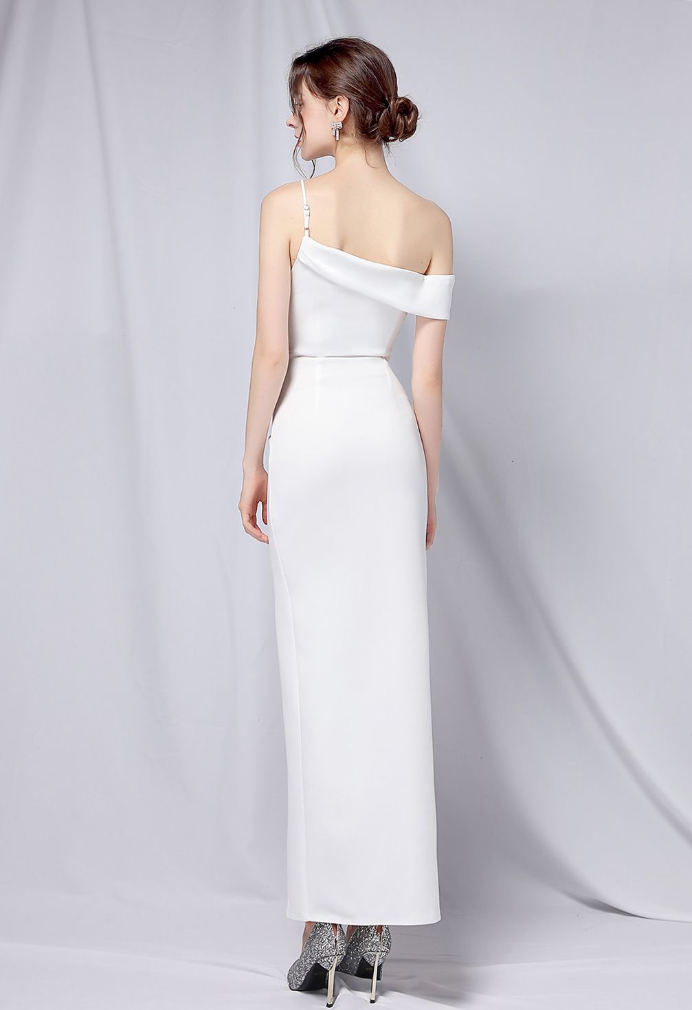 Single Strap Front Slit Gown in White