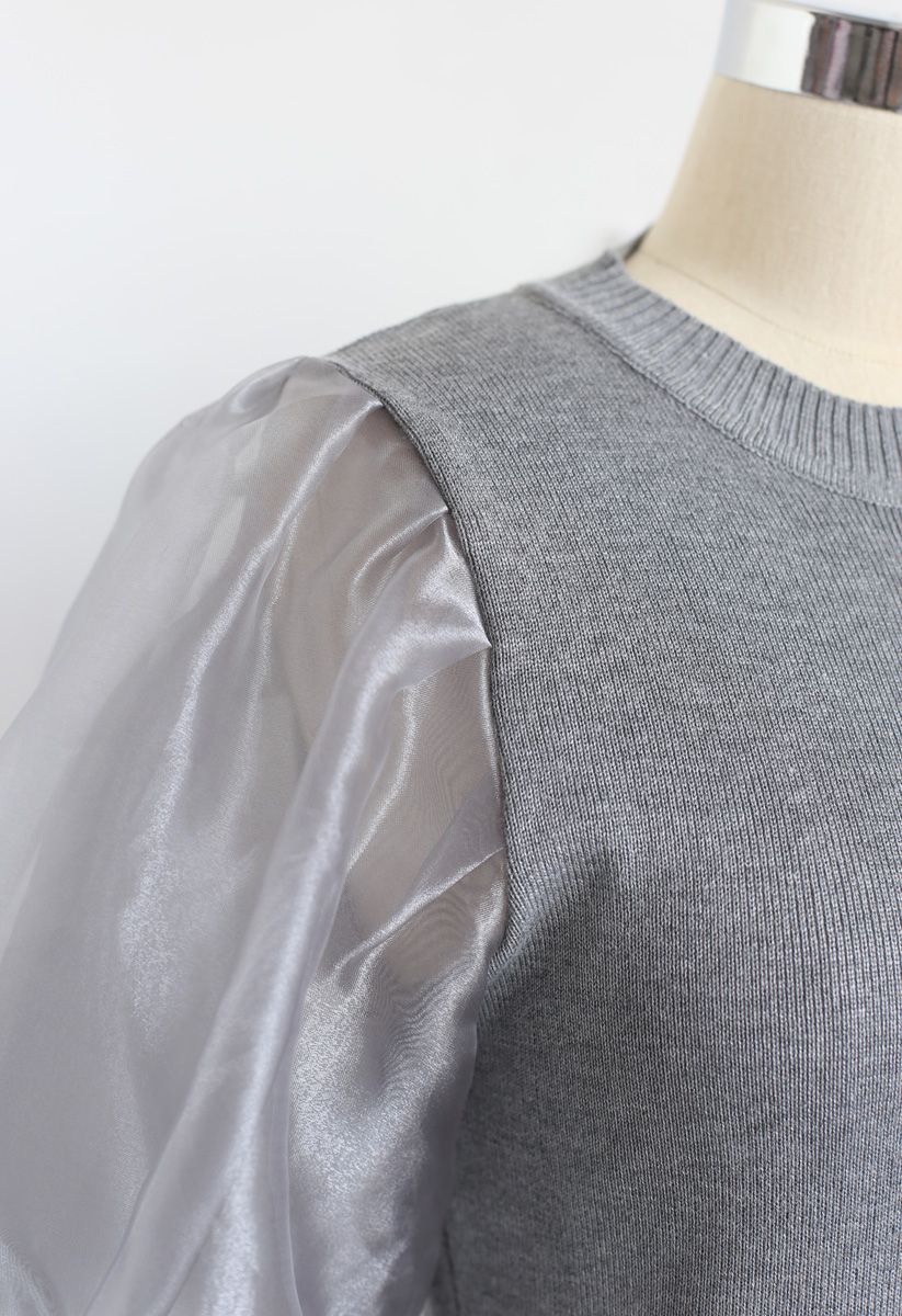 Organza Bubble Sleeves Knit Top in Grey