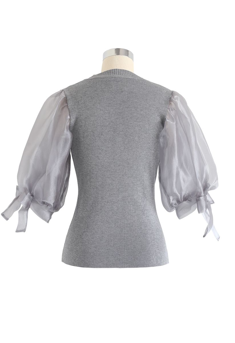 Organza Bubble Sleeves Knit Top in Grey