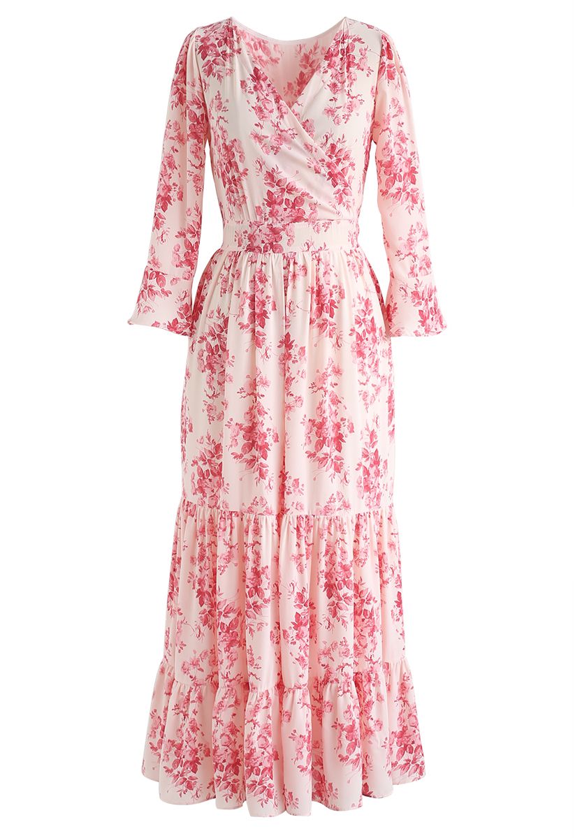 Flounced Cuffs Floral Print Chiffon Wrap Dress