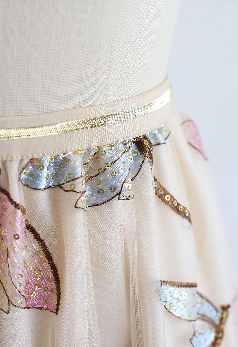 Sequin Dragonfly Embroidery Mesh Tulle Skirt in Cream