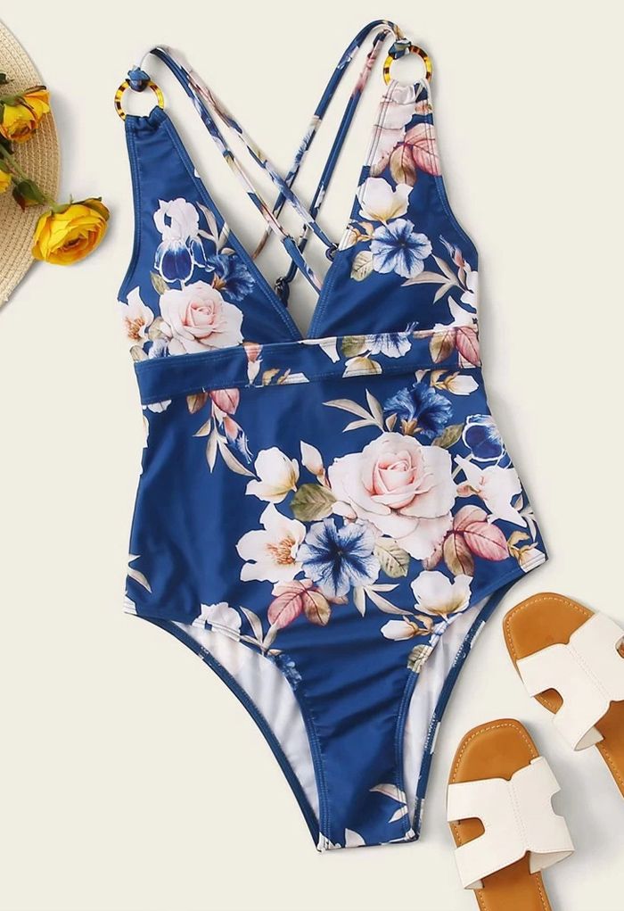 Strappy Crisscross Back Floral One-Piece Swimsuit