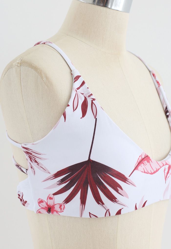 Leaf Print Open Back Bikini Set in Burgundy