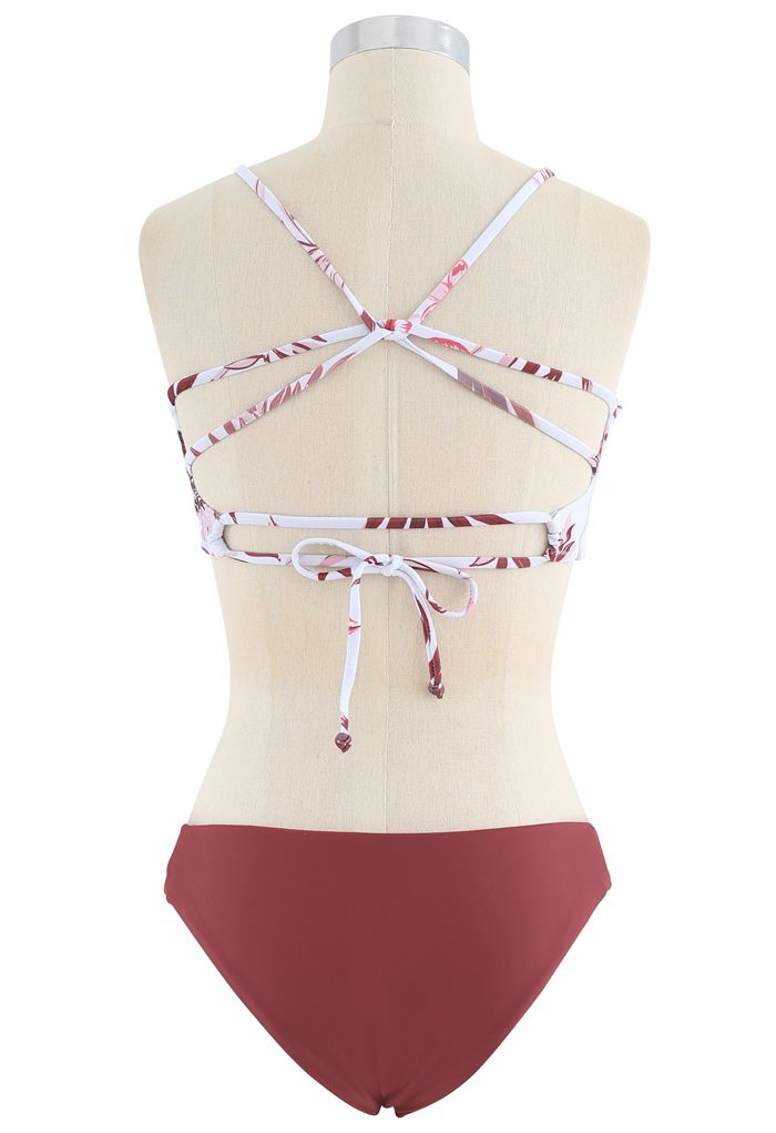 Leaf Print Open Back Bikini Set in Burgundy