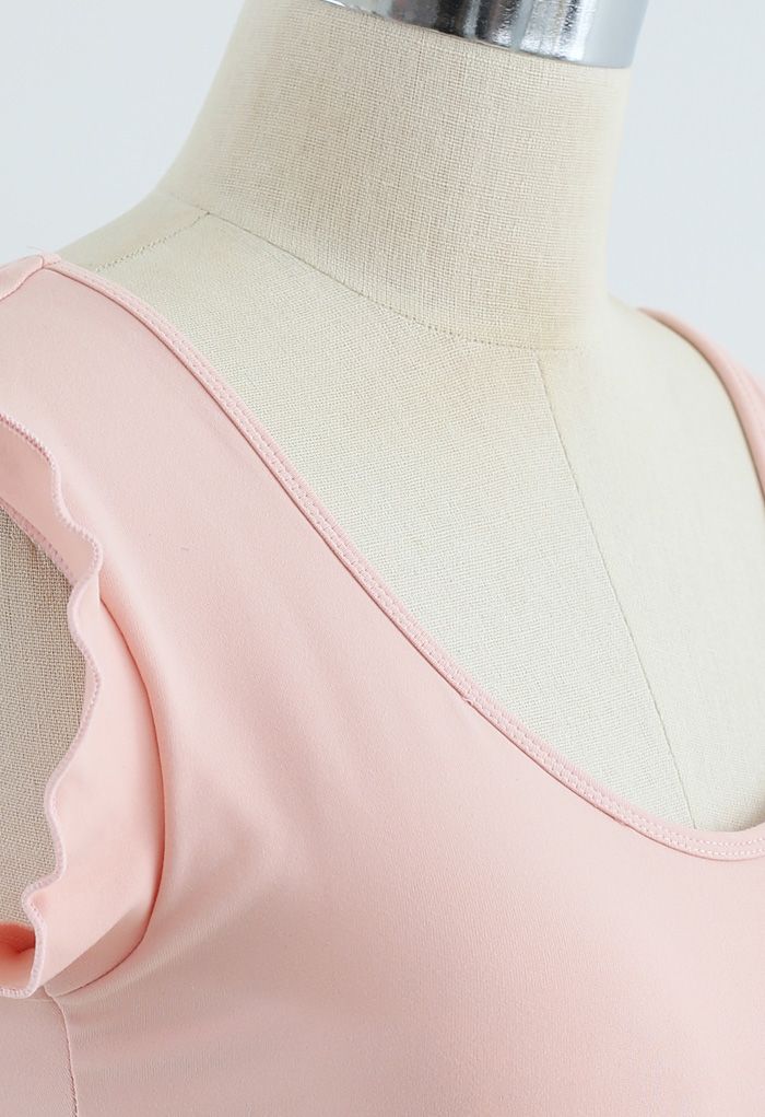 Ruffle Sleeves Scoop Neck Low-Impact Sports Bra in Peach