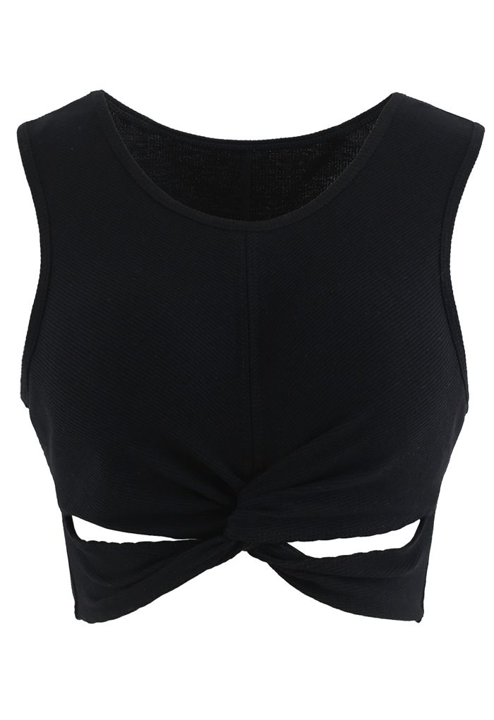 Twist Front Ribbed Sleeveless Low-Impact Sports Bra in Black