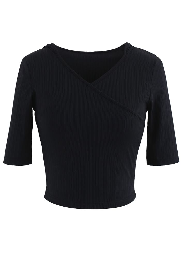 Stripe Crisscross Front Hooded Crop Sports Top in Black