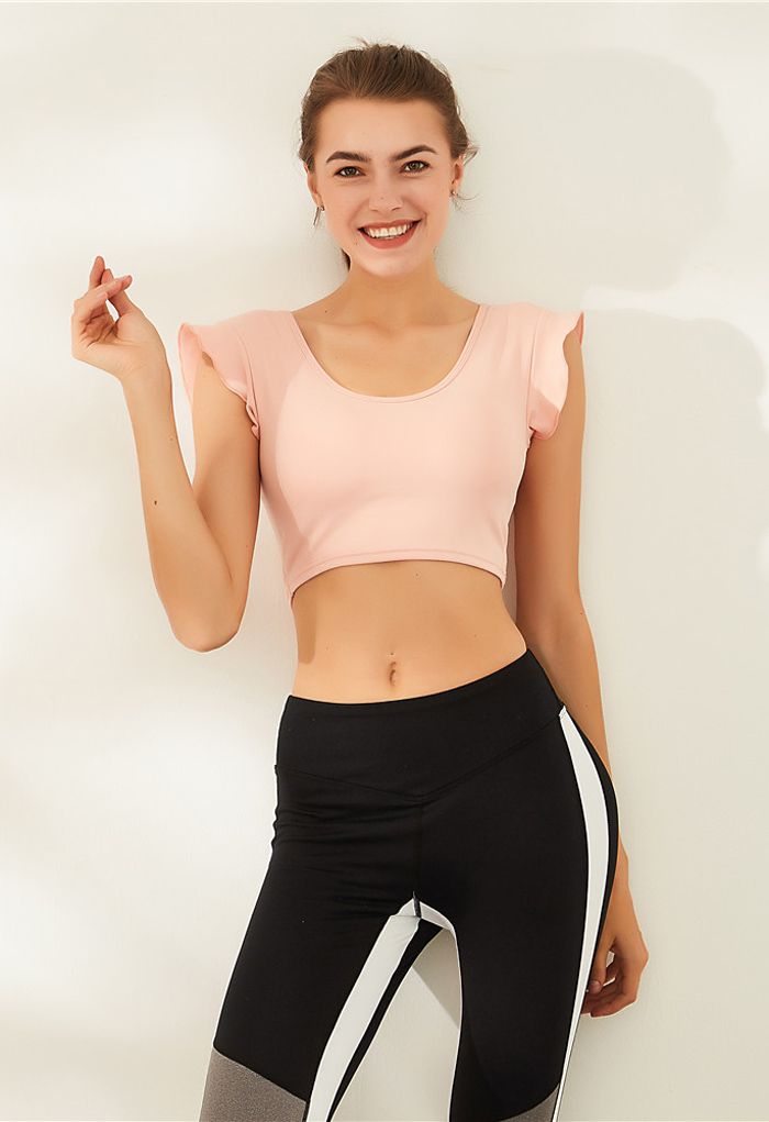 Ruffle Sleeves Scoop Neck Low-Impact Sports Bra in Peach