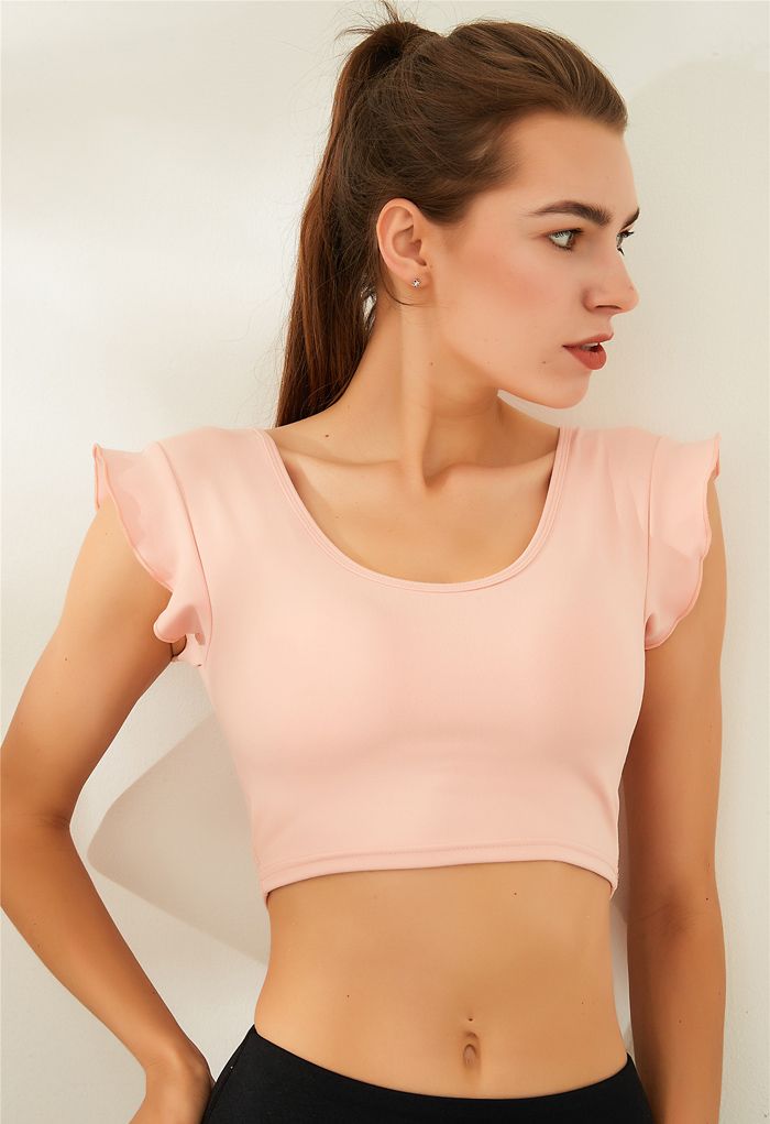 Ruffle Sleeves Scoop Neck Low-Impact Sports Bra in Peach