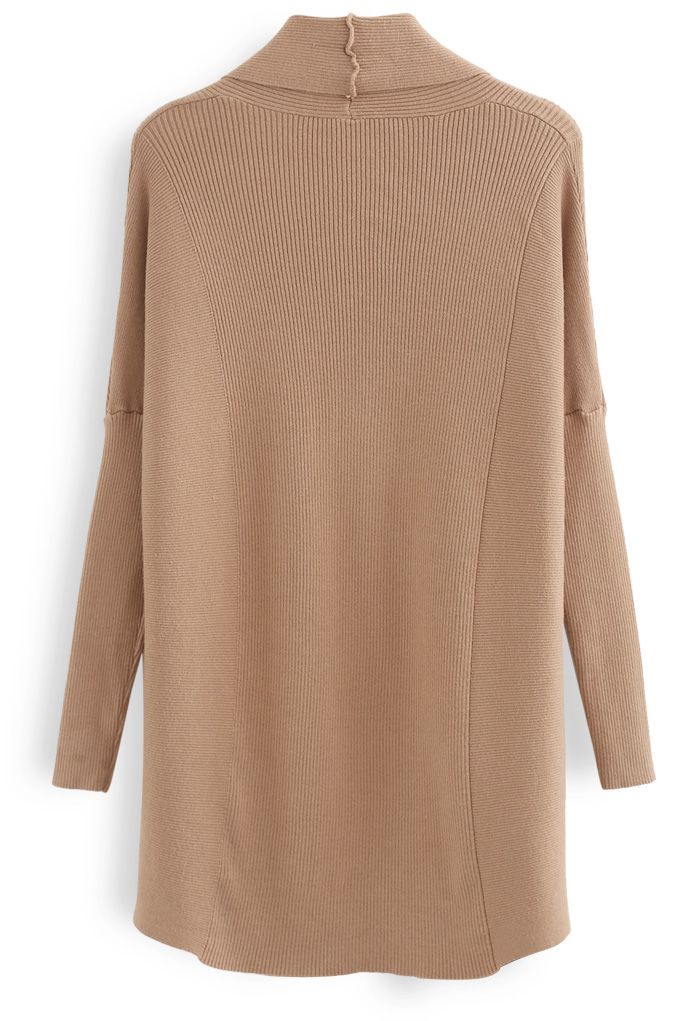 Basic Rib Knit Drape Neck Cardigan in Caramel