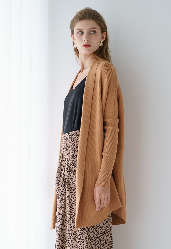 Basic Rib Knit Drape Neck Cardigan in Caramel