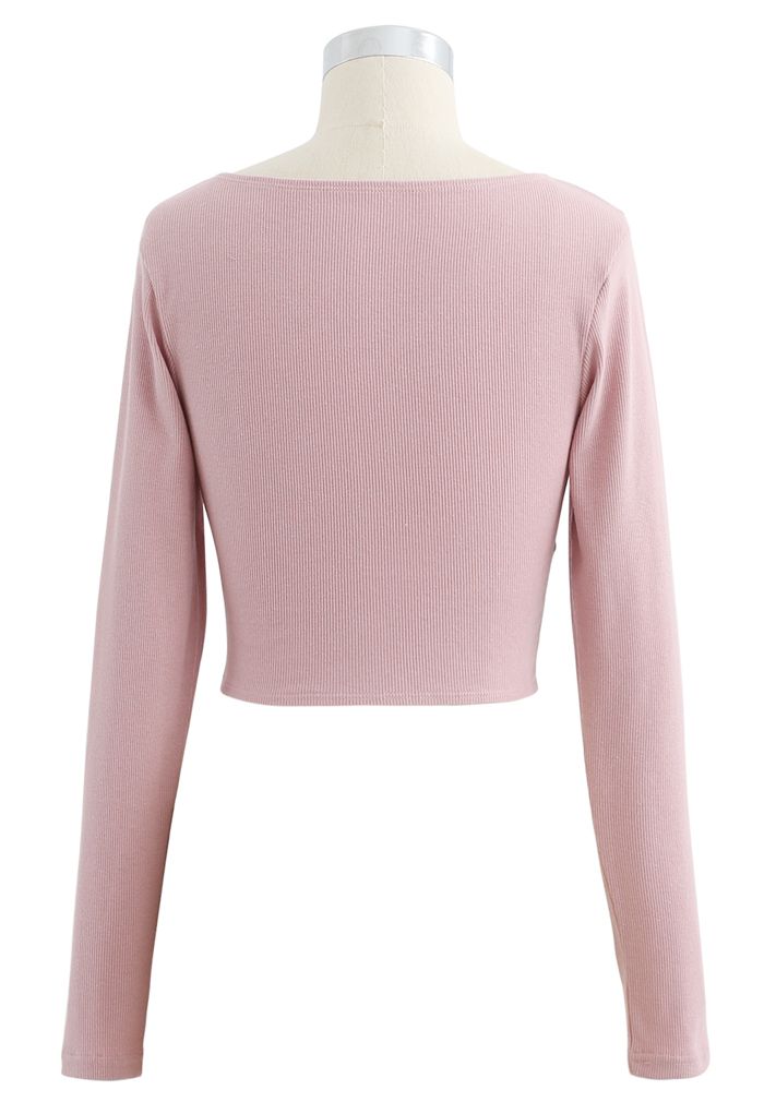 Crisscross Front Long Sleeves Ribbed Top in Pink