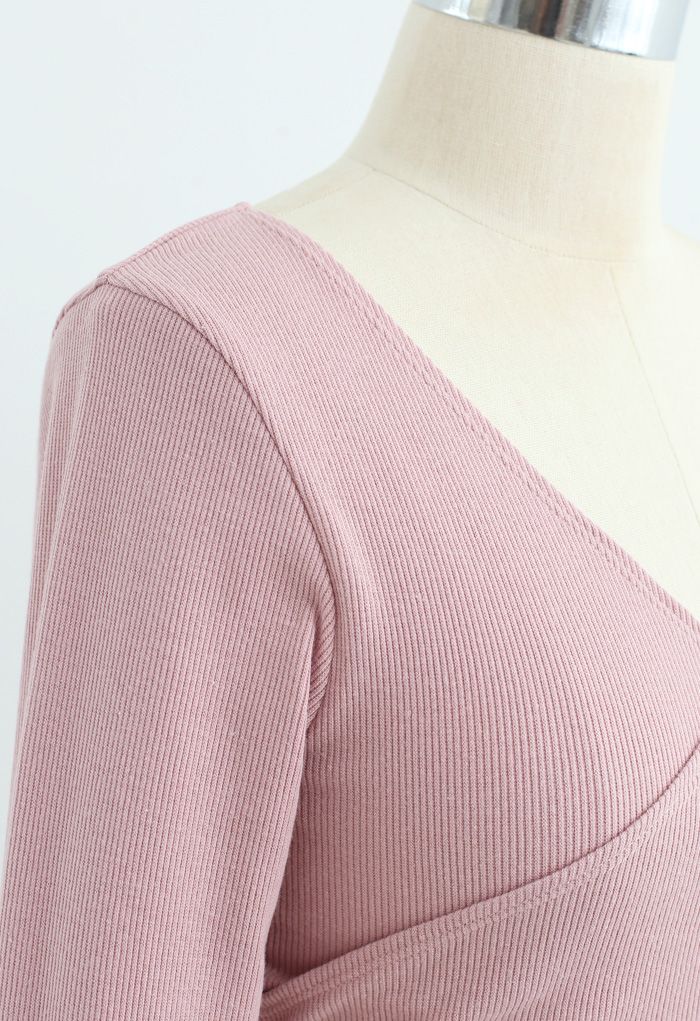 Crisscross Front Long Sleeves Ribbed Top in Pink