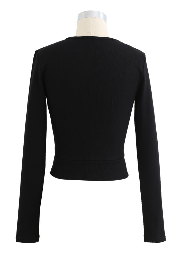 Hollow-Out Waist Sleeves Crop Top in Black