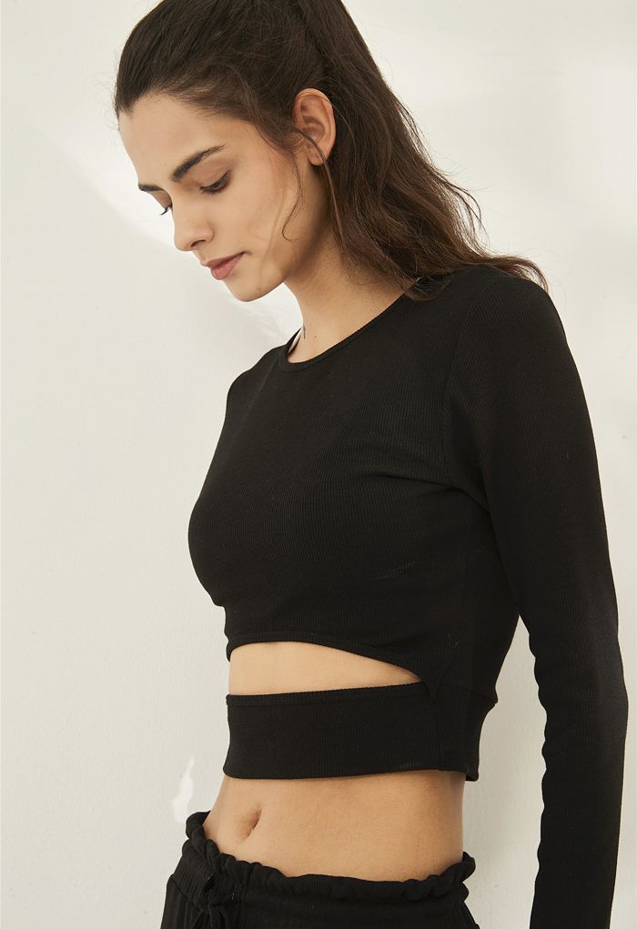 Hollow-Out Waist Sleeves Crop Top in Black