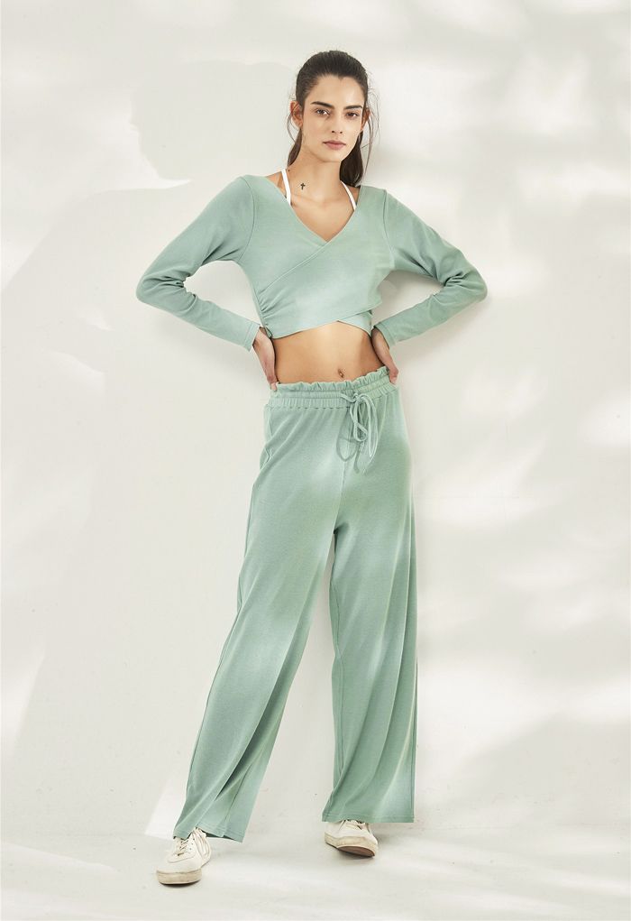 Crisscross Front Long Sleeves Ribbed Top in Mint