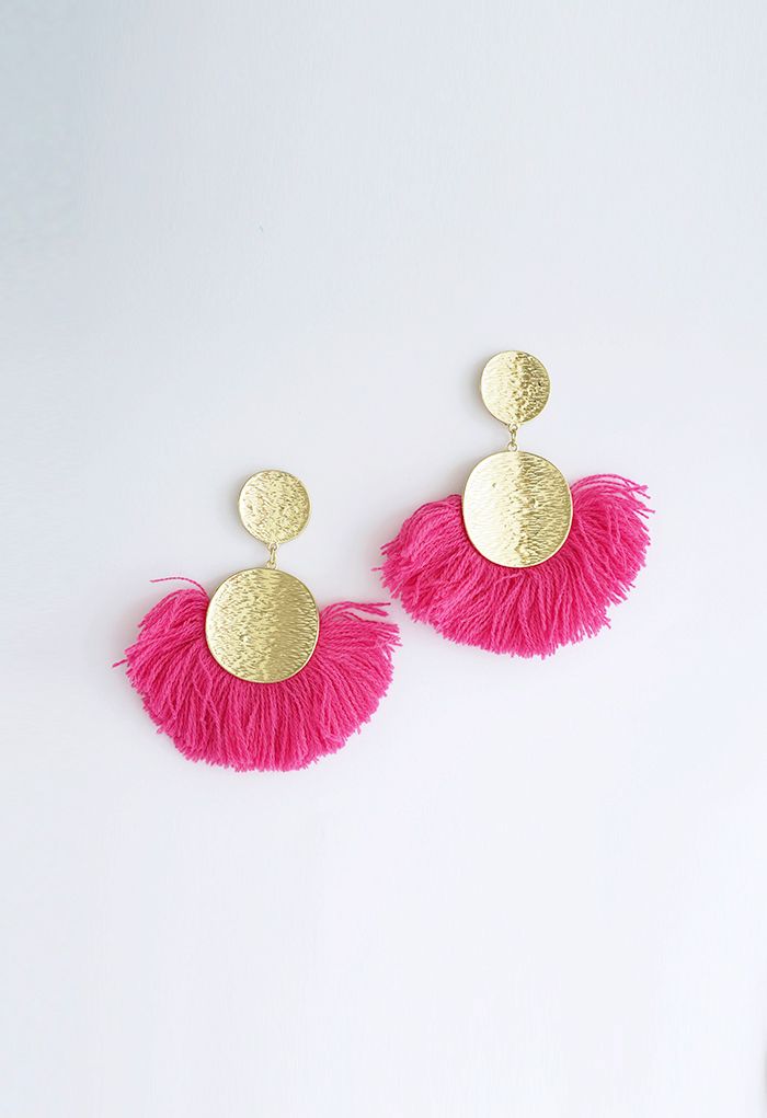 Tassel Gold Round Earrings in Magenta