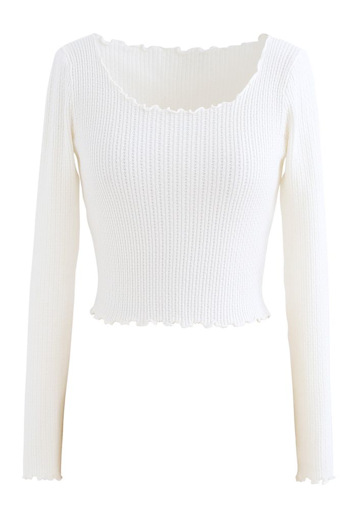 Lettuce-Hem Crop Knit Top in White