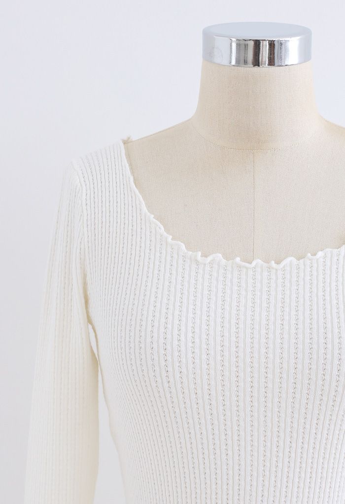 Lettuce-Hem Crop Knit Top in White