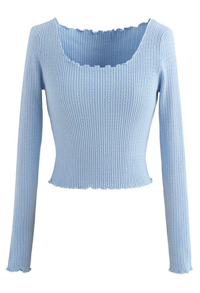 Lettuce-Hem Crop Knit Top in Blue