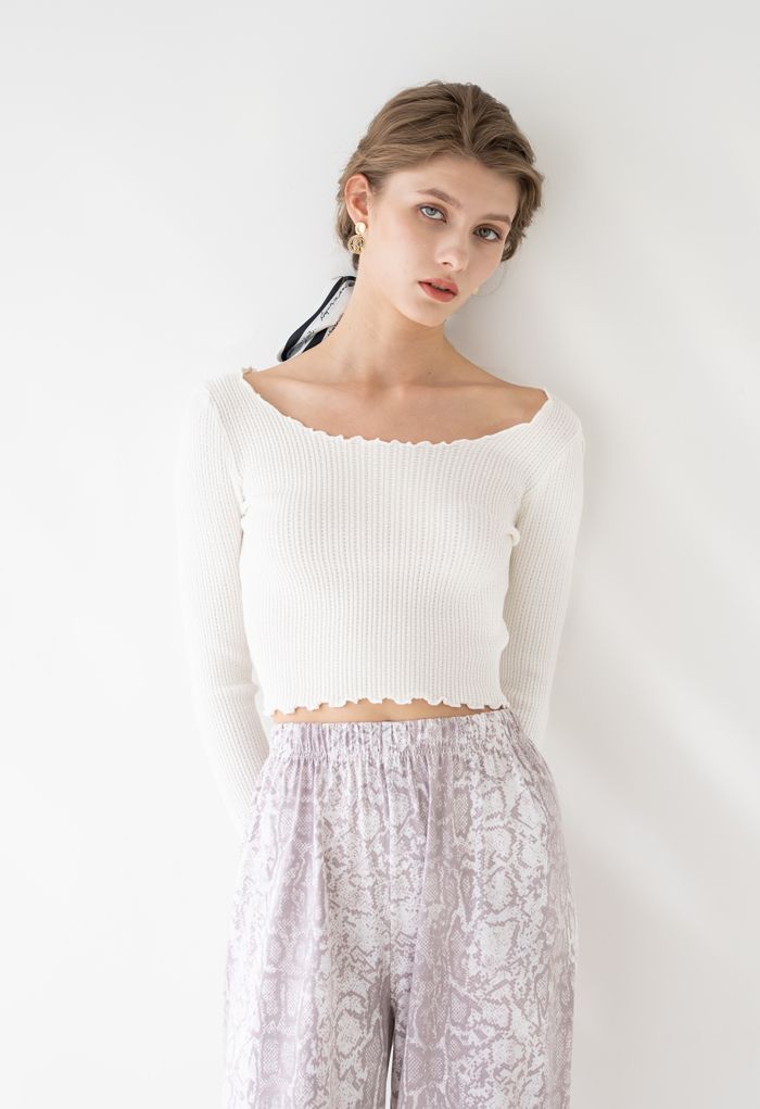 Lettuce-Hem Crop Knit Top in White