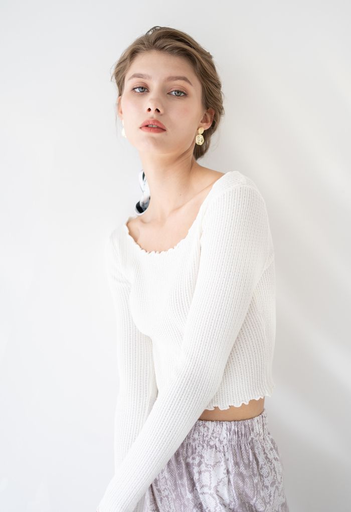 Lettuce-Hem Crop Knit Top in White