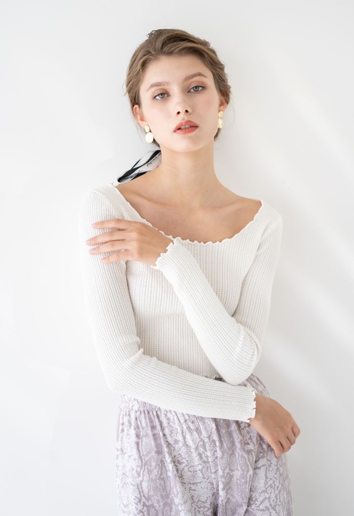 Lettuce-Hem Crop Knit Top in White