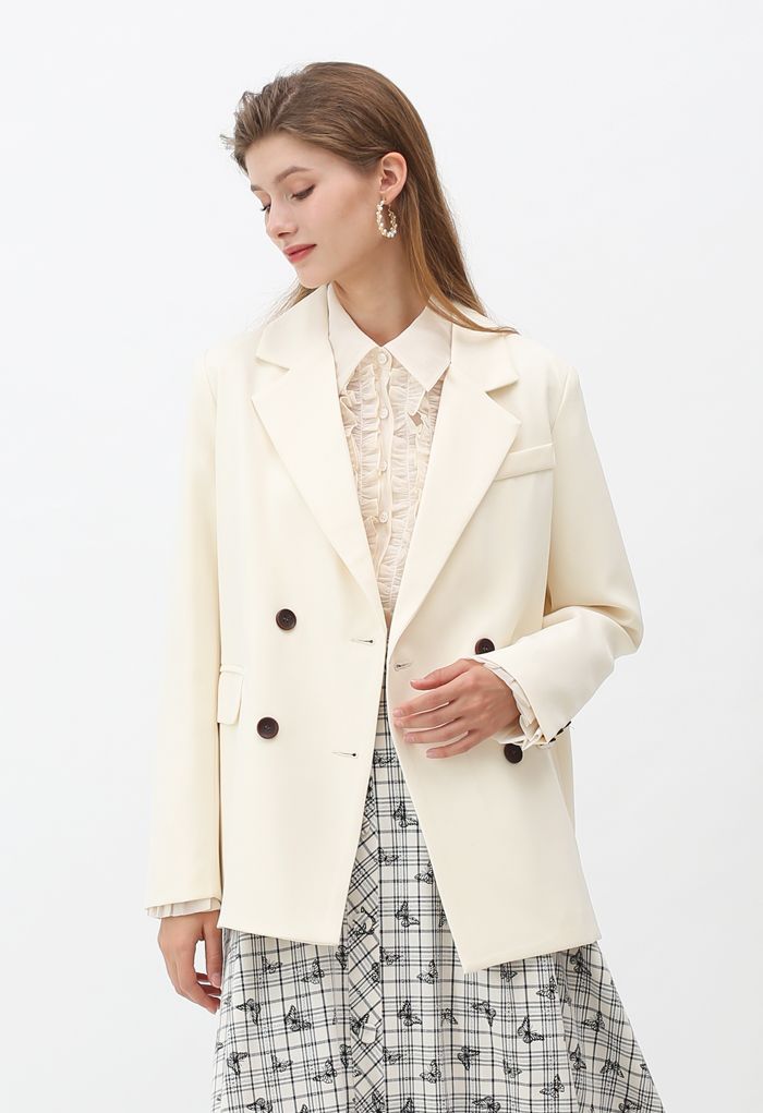 Fake Pocket Double-Breasted Blazer in Cream